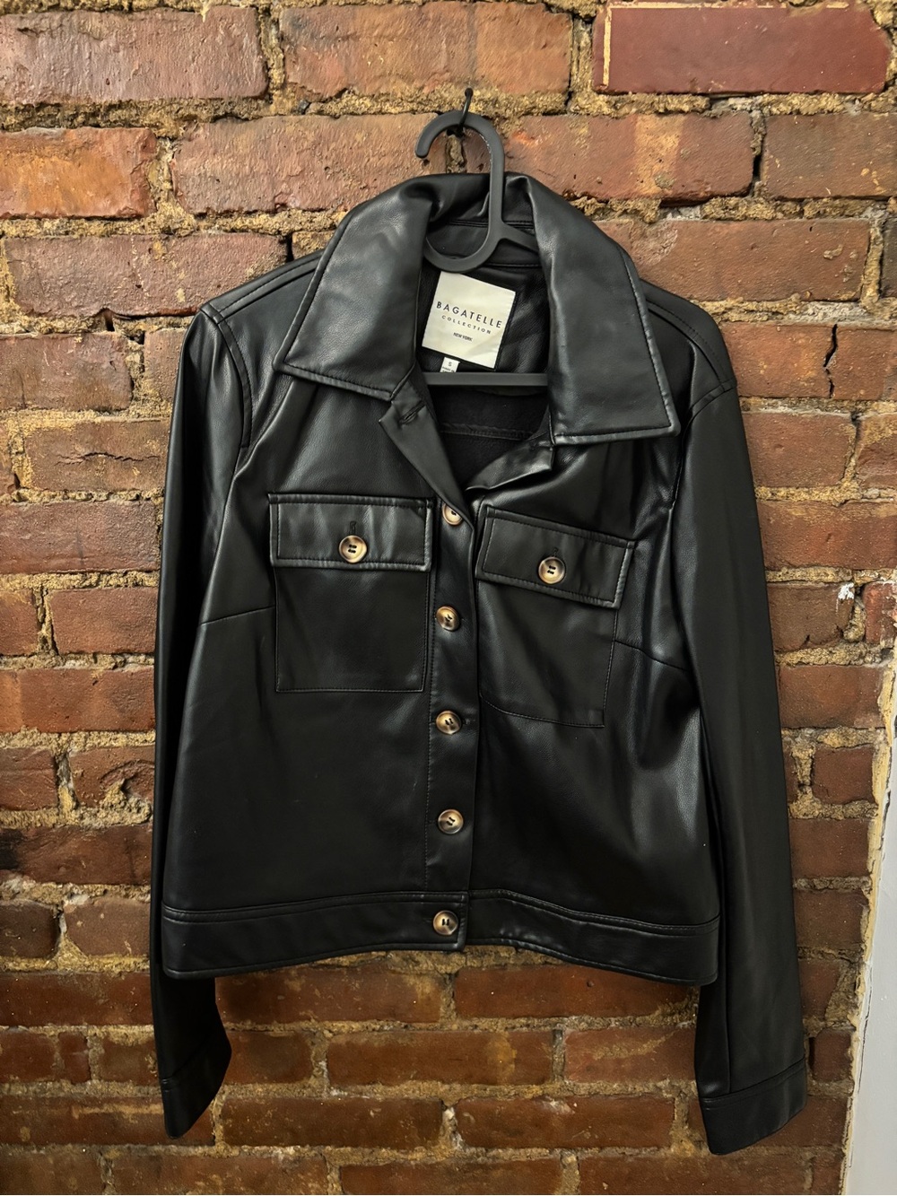 bagatelle Black Faux Leather Button-Front Jacket with Chest Pockets